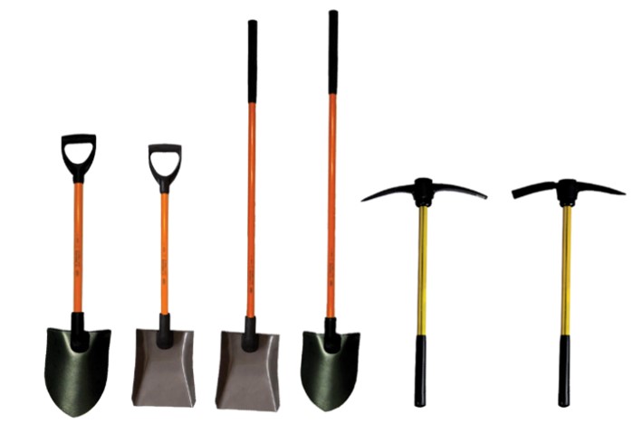 Heavy-duty shovel and pickaxe set designed for efficient digging and breaking hard surfaces on construction sites