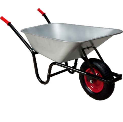 Sturdy wheelbarrow engineered for easy transportation of materials on construction and landscaping projects.