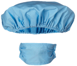 Protective cap and mask set offering head and face coverage for hygienic and sterile environments.