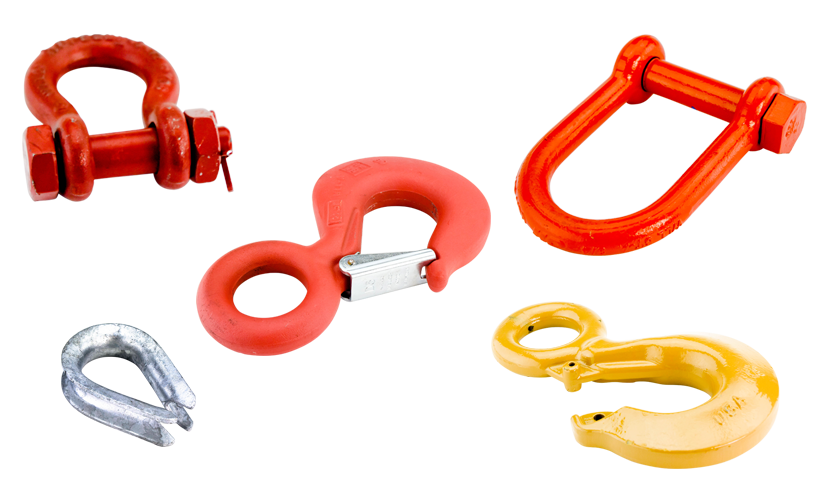 Comprehensive set of lifting equipment accessories including hooks, shackles, and connectors for secure rigging.